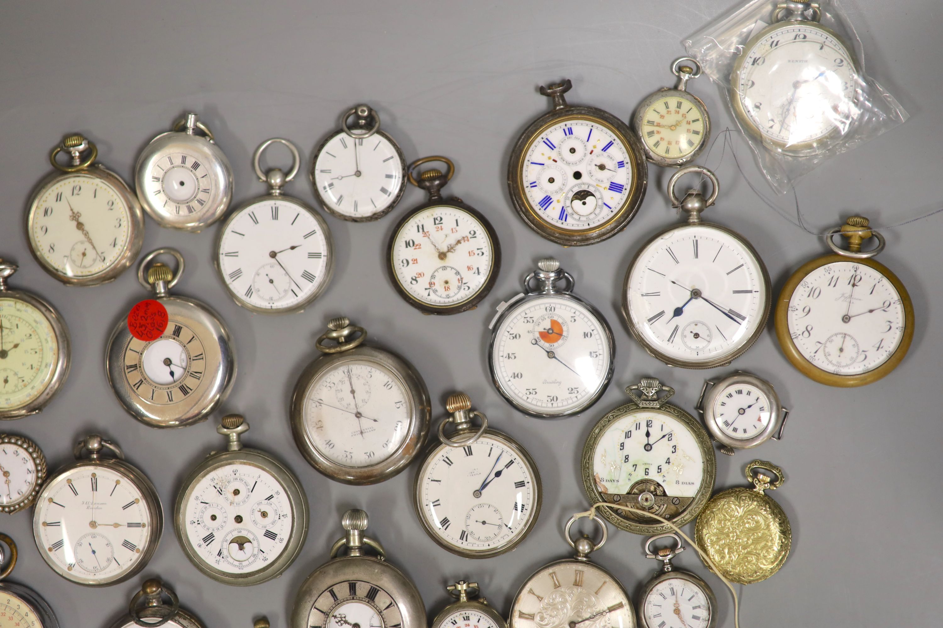 A quantity of assorted pocket, wrist and fob watches including Longines and Zenith, mainly based metal but includes silver and white metal.